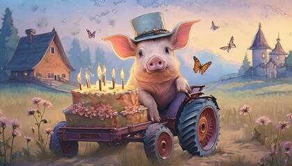 Canvas Print - Little pig on a tractor birthday card 