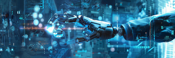 Poster - Featuring future robotic arms performing automated medical health care operations, as well as remote control hospital equipment as a wide banner design with hologram information