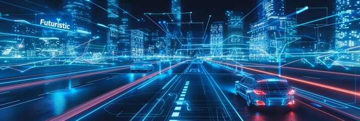 Aufkleber - Wide banner with copy space with futuristic vehicles on highway activated for transportation autonomy concepts
