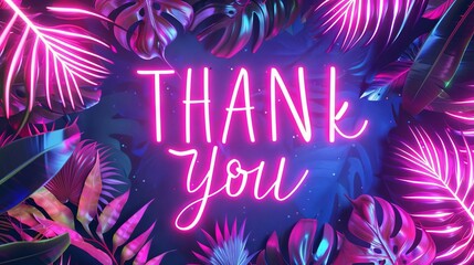 retro 80s tropical disco glittery thank you card with neon pink background vector illustration