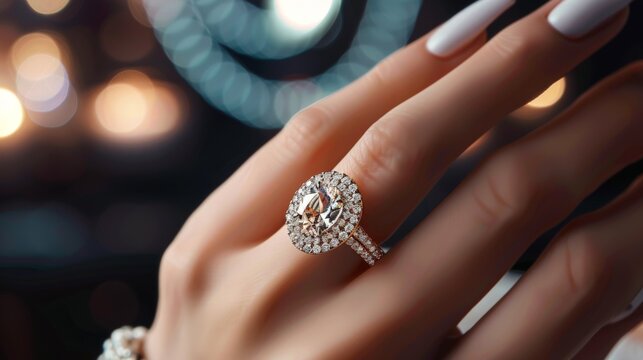 Elegant Woman's Ring Finger Wearing Luxurious Diamond Jewelry