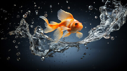 One red goldfish swimming underwater, isolated, among a splash of water and bubbles against a dark background.