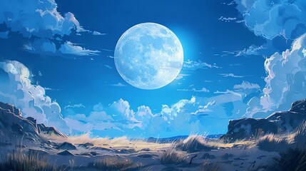 Poster - serene blue sky with large white moon tranquil night landscape digital painting