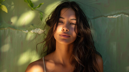 A model wearing a stylish outfit posing confidently against a green background