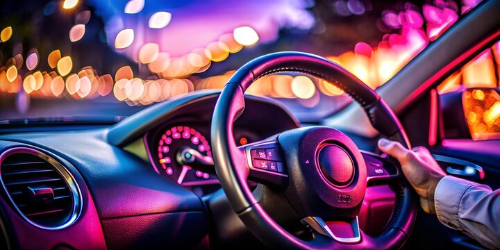 Driver's day, driver behind the wheel, driving a car, hands on the steering wheel, car interior, neon light road highway, night light, scenery. background, wallpaper