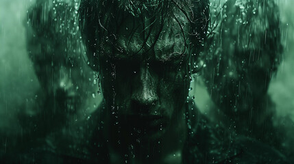 A dark, moody image of a person standing in the rain with two shadowy figures in the background. The scene is drenched in green hues, creating a mysterious and intense atmosphere.