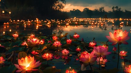 Canvas Print - pond of blooming lotus flowers, illuminated by candlelight and lanterns, celebrating Asalha Bucha Day