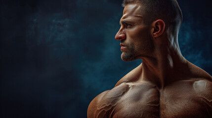 Wall Mural - A man with a muscular build is standing in front of a dark background. He is focused and determined