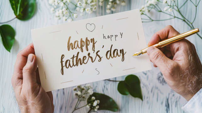 Close-up of a hand writing Happy Father's Day on a greeting card with a pen, holiday celebration concept