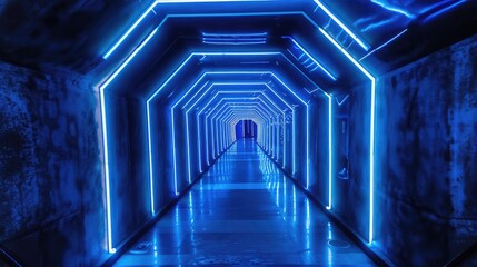 an immersive blue led light tunnel, with dazzling lights and geometric patterns