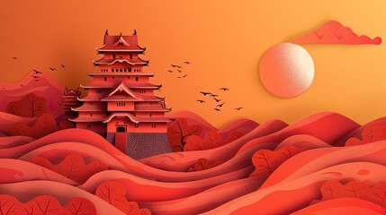 Sticker - Sun set wallpaper in paper art and craft design concept with Himeji Castle background. Created  