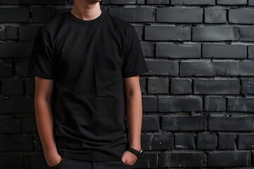 Sticker - Black t-shirt mockup at black brick wallpaper background.