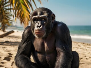 Wall Mural - Cheerful ape enjoying the sunny beach with a vibrant background