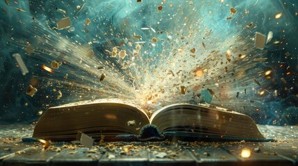Wall Mural - Dynamic shot of pages erupting from a book, illustrating the transformative power of storytelling