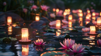 Poster - Lotus flowers blooming in a tranquil pond, softly lit by lanterns during Asalha Bucha Day