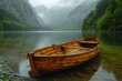 © create - Rustic Rowboat on Alpine Lake A rustic rowboat resting on the tranquil waters of an alpine lake, providing a serene mountainous scene