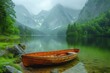 © create - Rustic Rowboat on Alpine Lake A rustic rowboat resting on the tranquil waters of an alpine lake, providing a serene mountainous scene