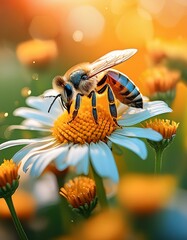 close-up bee on daisies: orange, green, and yellow summer backdrop