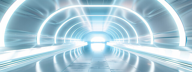 Poster - Futuristic tunnel with white neon lights, futuristic and hightech style, light blue background, blurred motion, white tone, minimalist composition, symmetrical composition, high resolution