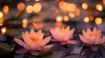 Poster - Tranquil lotus flowers blossoming in a pond, with the soft glow of bokeh lights in the background on Asalha Bucha Day