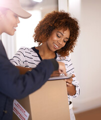 Box, delivery and signature of woman with courier in home for ecommerce, distribution or shipping. Customer, online shopping and retail with person signing paper for product logistics or transport