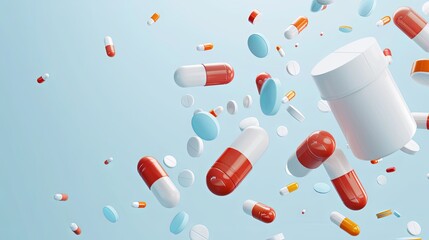 3D vector illustration of flying pills, tab packaging and bottle floating on a light blue background with retrieval of parameters. Colorful design concept for a banner or poster ad for pharmacy, medic