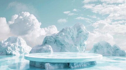 Ice podium background snow winter product platform cold mountain 3D. Podium ice display background cosmetic sky floor blue scene landscape frozen white cool stand pedestal minimal rock glacier nature