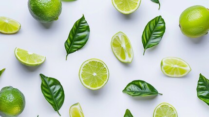 Canvas Print - Lime fruits, slices, and green leaves isolated on a white background, top view