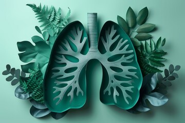 White paper cut out human lung shape in art style on light green background