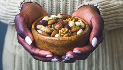 Wall Mural - Hands Holding Wooden Bowl with Assorted Nuts: Healthy Food