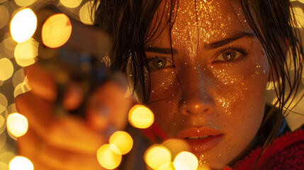 Wall Mural - Close-up of a person with glitter on their face, holding a camera, surrounded by bokeh lights.