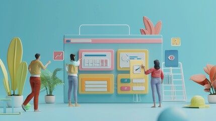 3D illustration of a Web UI UX Teamwork concept. People Building Creating a Web User Interface.