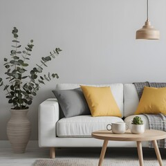 White modular sofa with orange vibrant pillows against concrete wall. Loft minimalist interior design of modern living room, home.