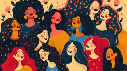 Colorful illustration of group of women sharing laughter and love. International Women's Day Concept.