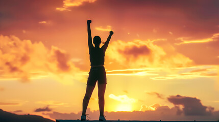 Silhouette of woman with victory and success with raised fist standing against sunset sky