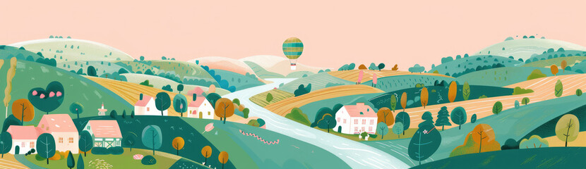 Wall Mural - A flat illustration of the countryside with rolling hills, small villages and farmland, vector graphic design in colorful pastel colors