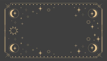 Wall Mural - golden celestial minimal esoteric frame, thin line border, mystyc linear decoration with dots, moon,