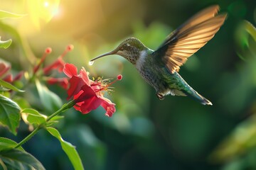 A hummingbird hovers near a vibrant red flower, sipping nectar, as sunlight glows through its wings, creating a serene nature scene.