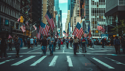 A large group of people are walking down a city street, holding American flags