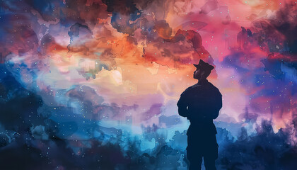 Wall Mural - A man in a military uniform stands in front of a colorful sky with stars