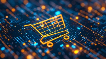 Wall Mural - Digital illustration of a shopping cart icon surrounded by blue and yellow hues, representing an intuitive e-commerce platform designed for effortless online shopping experiences