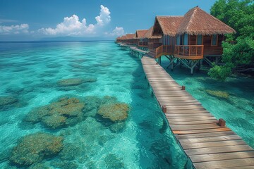 Wall Mural - Tropical Water Bungalow Resort Overwater bungalows in a tropical paradise, offering a luxurious and scenic accommodation experience