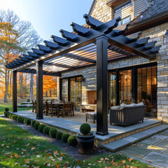 Wall Mural - Pergola covers stone patio with fireplace and dining table