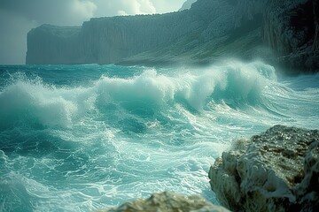 Waves Breaking on Rocky Coast The powerful force of waves breaking against a rocky coastal shoreline, portraying the dynamic nature of the sea