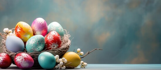 Poster - Colorful Easter eggs in a basket on a light silver background The concept of a holiday and online shopping for Easter Flat lay Happy easter greeting card Copy space