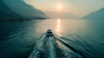 Wall Mural - Motor boat swims quickly leaving mark blue water river ripples on horizon green mysterious coast sunny sunset fog. Fabulous top view lake Lago di Garda Italy fly air shooting Aerial video with drone.