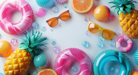 Wall Mural - Various colorful swimsuits, sunglasses, and floats are displayed