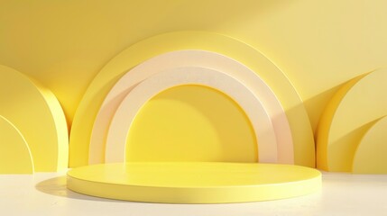 Wall Mural - Podium 3D background product platform display stage abstract stand studio. Circle 3D podium background minimal scene yellow geometric shape pedestal light room floor render wall empty template rainbow