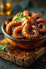 Wall Mural - Grilled octopus tentacles served in rustic bowl with lemon and herbs