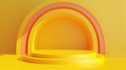 Wall Mural - Podium 3D background product platform display stage abstract stand studio. Circle 3D podium background minimal scene yellow geometric shape pedestal light room floor render wall empty template rainbow